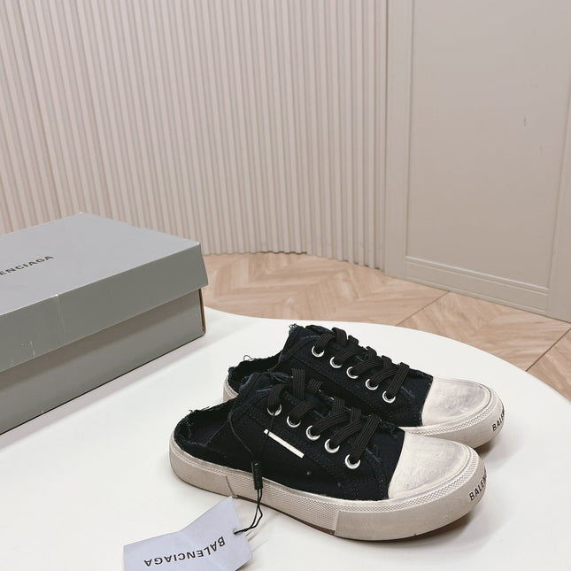 PARIS MULES IN BLACK DESTROYED DENIM AND RUBBER