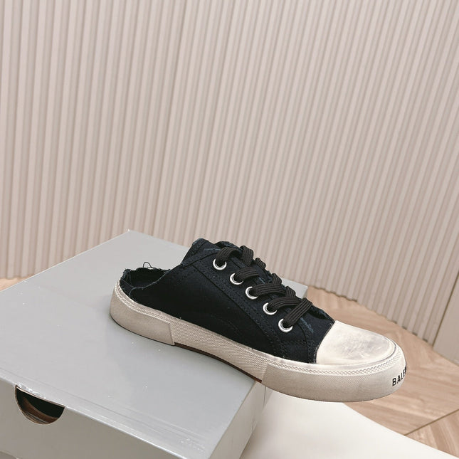 PARIS MULES IN BLACK DESTROYED DENIM AND RUBBER