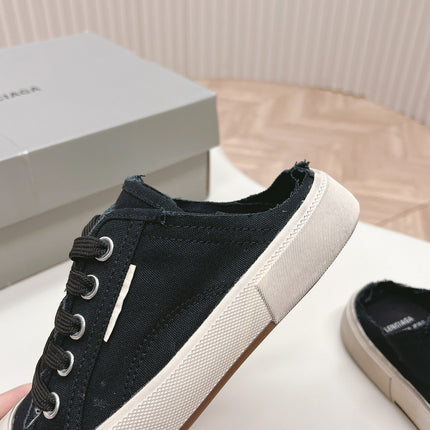 PARIS MULES IN BLACK DESTROYED DENIM AND RUBBER