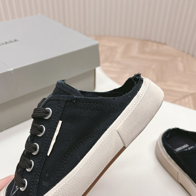 PARIS MULES IN BLACK DESTROYED DENIM AND RUBBER