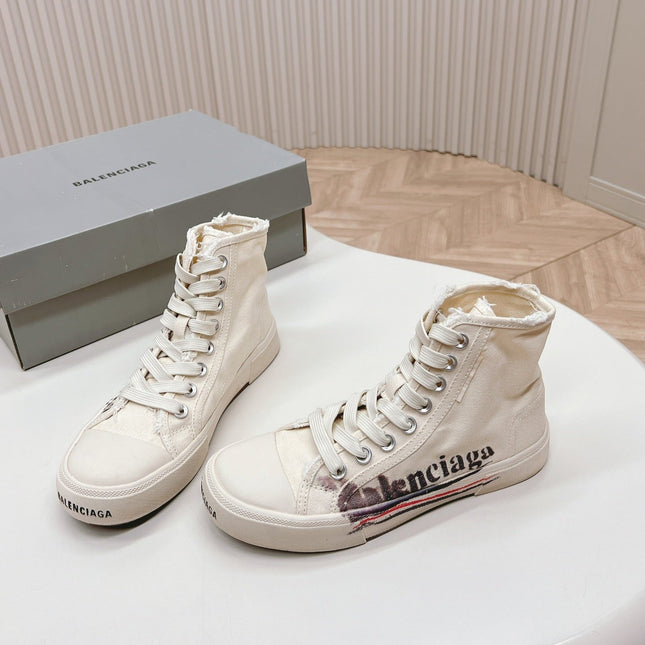 WHITE CANVAS HIGH-TOP SNEAKERS LOGO GRAFFITI