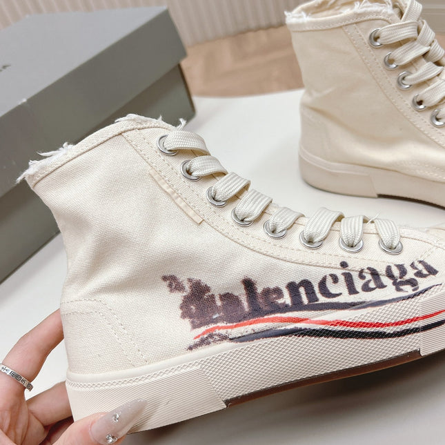 WHITE CANVAS HIGH-TOP SNEAKERS LOGO GRAFFITI