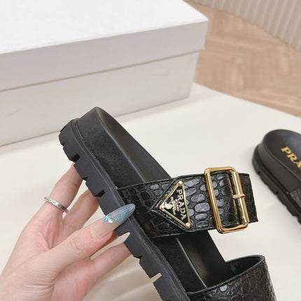 PRA CROCODILE MOTIF SLIDES SANDALS BLACK CALFSKIN
