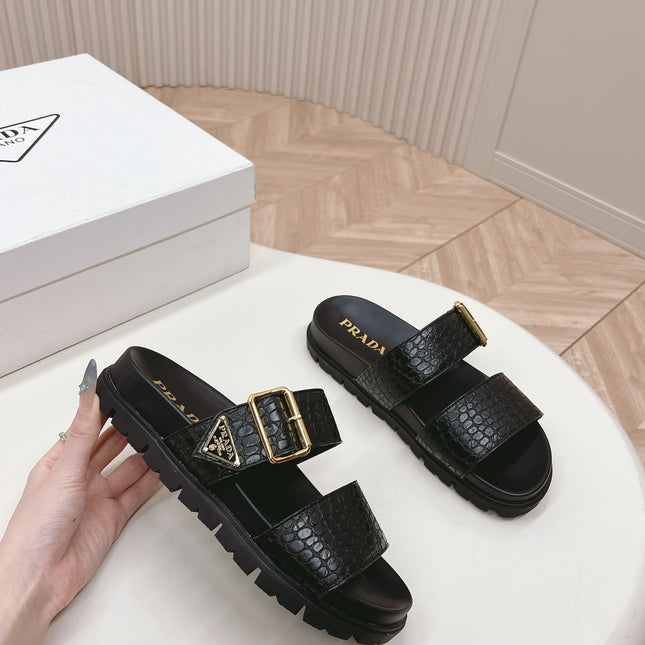 PRA CROCODILE MOTIF SLIDES SANDALS BLACK CALFSKIN