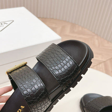 PRA CROCODILE MOTIF SLIDES SANDALS BLACK CALFSKIN