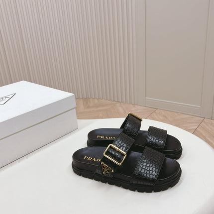 PRA CROCODILE MOTIF SLIDES SANDALS BLACK CALFSKIN
