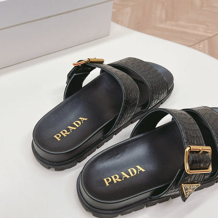 PRA CROCODILE MOTIF SLIDES SANDALS BLACK CALFSKIN