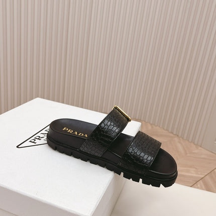 PRA CROCODILE MOTIF SLIDES SANDALS BLACK CALFSKIN
