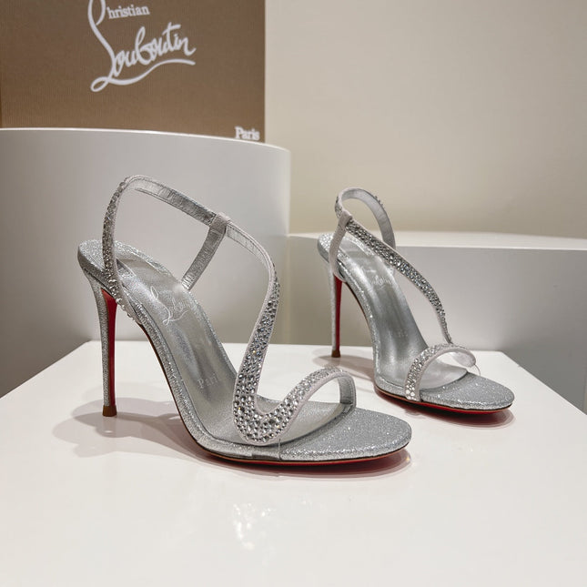 EMBELLISHED SANDAL 100MM IN SILVER MIX WHITE CALFSKIN