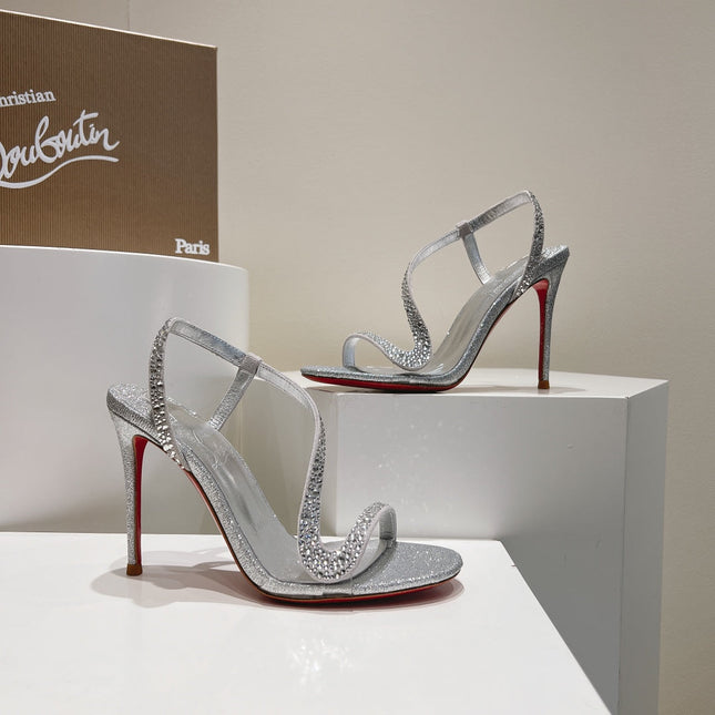 EMBELLISHED SANDAL 100MM IN SILVER MIX WHITE CALFSKIN