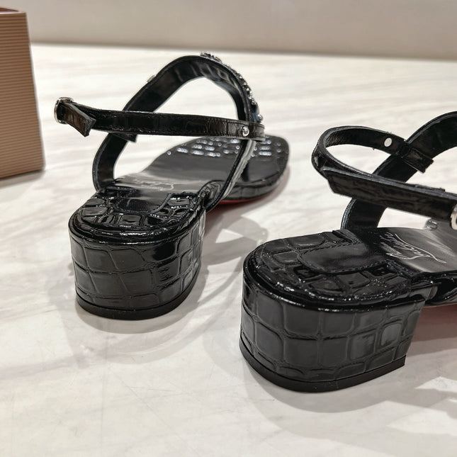 THONG SANDALS SLINGBACK 25MM IN SNAKE-EFFECT BLACK CALFSKIN