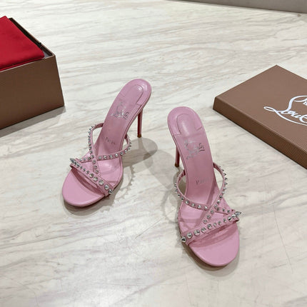 CRYSTAL GLITTER CRISS-CROSS STRAP SANDALS IN PINK CALFSKIN