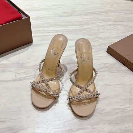 CRYSTAL GLITTER CRISS-CROSS STRAP SANDALS IN BEIGE CALFSKIN