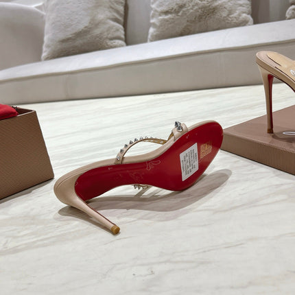 CRYSTAL GLITTER CRISS-CROSS STRAP SANDALS IN BEIGE CALFSKIN