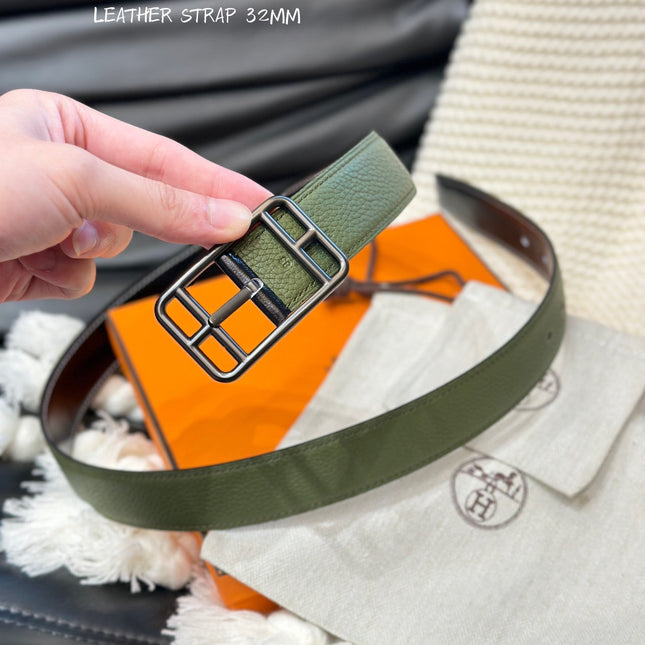 HM-CAPE COD 32MM REVERSIBLE BELT OLIVE GREEN AND BLACK LEATHER BLACK HARDWARE
