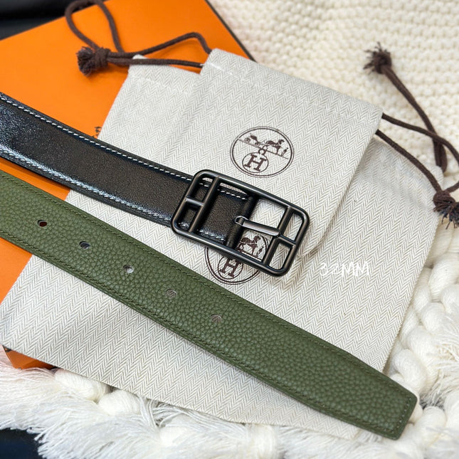 HM-CAPE COD 32MM REVERSIBLE BELT OLIVE GREEN AND BLACK LEATHER BLACK HARDWARE
