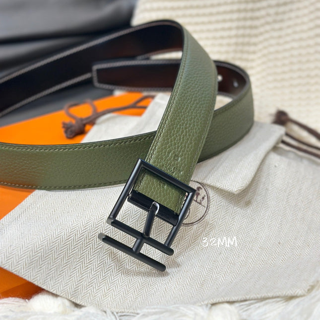 HM NATHAN REVERSIBLE BELT  32MM OLIVE GREEN AND BLACK LEATHER BLACK HARDWARE