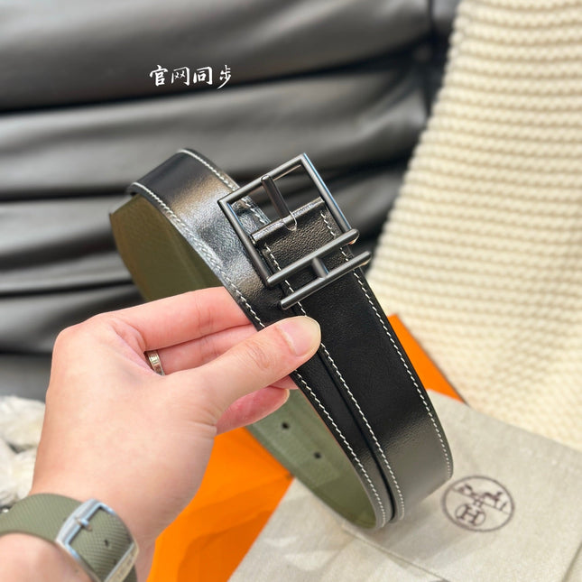 HM NATHAN REVERSIBLE BELT  32MM OLIVE GREEN AND BLACK LEATHER BLACK HARDWARE