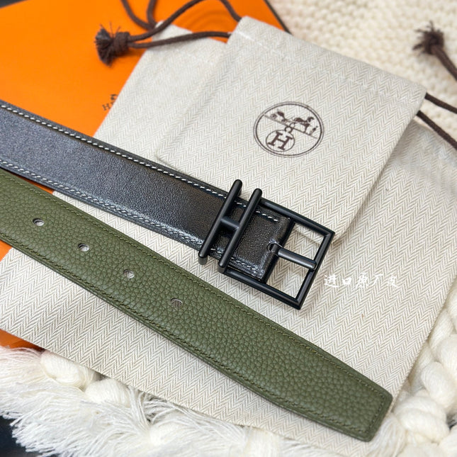 HM NATHAN REVERSIBLE BELT  32MM OLIVE GREEN AND BLACK LEATHER BLACK HARDWARE