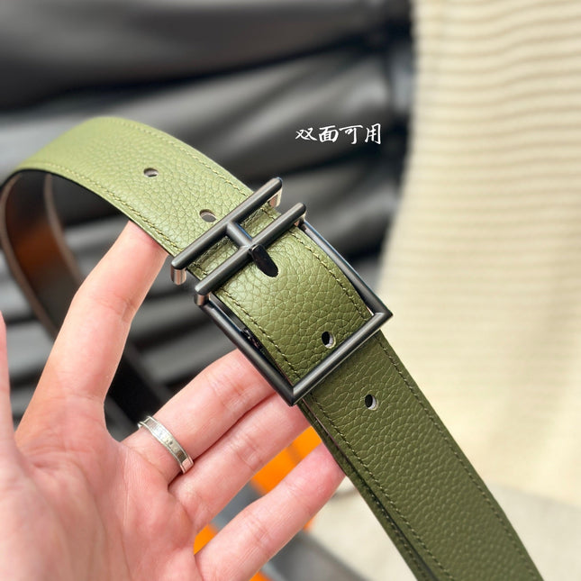 HM NATHAN REVERSIBLE BELT  32MM OLIVE GREEN AND BLACK LEATHER BLACK HARDWARE