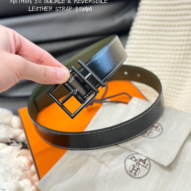 HM NATHAN REVERSIBLE BELT  32MM OLIVE GREEN AND BLACK LEATHER BLACK HARDWARE