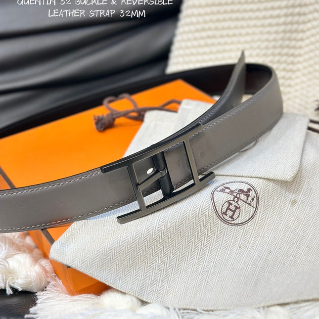 HM QUENTIN 32MM REVERSIBLE BELT BLACK AND KHAKI BROWN LEATHER BLACK HARDWARE