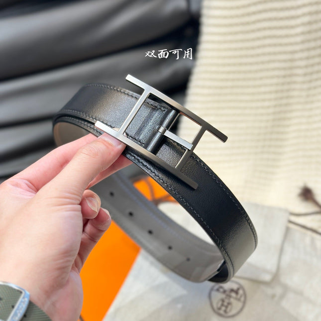 HM QUENTIN 32MM REVERSIBLE BELT BLACK AND KHAKI BROWN LEATHER BLACK HARDWARE