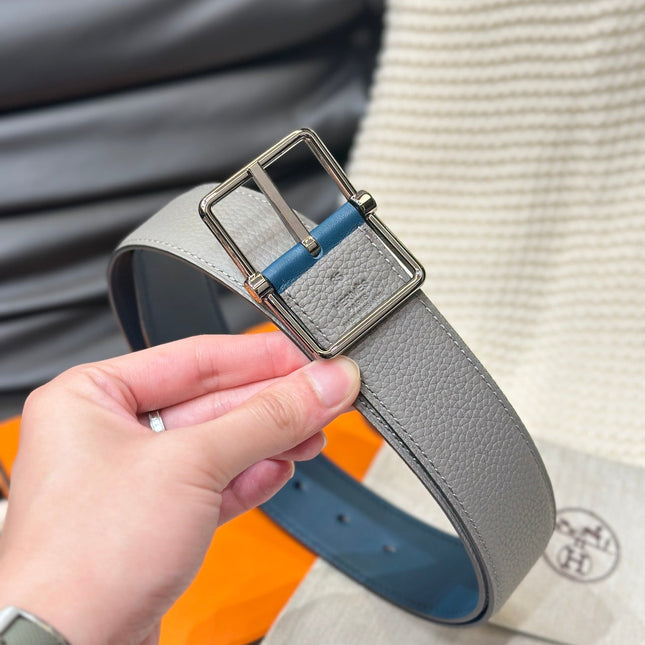 HM HADRIEN 38MM REVERSIBLE BELT GREY AND AEGEAN BLUE LEATHER SILVER BUCKLE