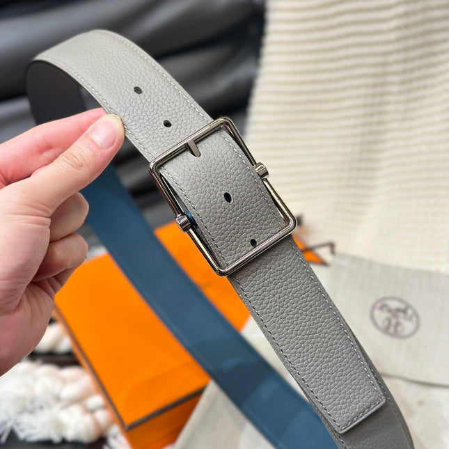 HM HADRIEN 38MM REVERSIBLE BELT GREY AND AEGEAN BLUE LEATHER SILVER BUCKLE