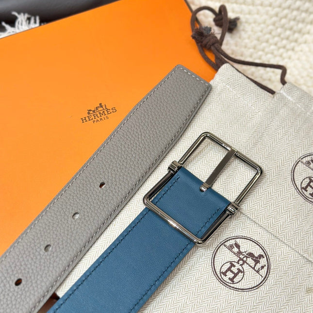 HM HADRIEN 38MM REVERSIBLE BELT GREY AND AEGEAN BLUE LEATHER SILVER BUCKLE