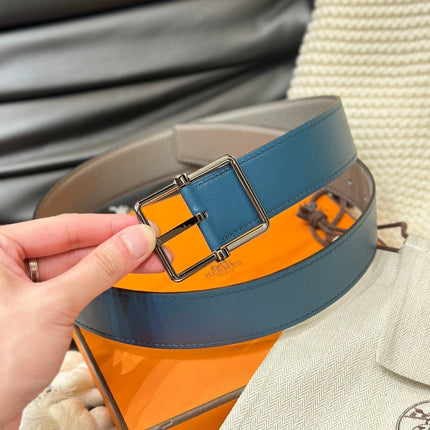 HM HADRIEN 38MM REVERSIBLE BELT GREY AND AEGEAN BLUE LEATHER SILVER BUCKLE