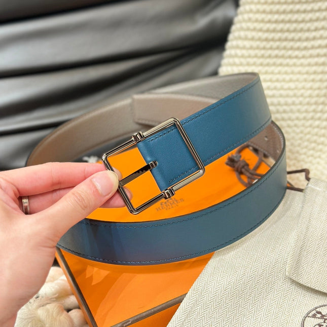 HM HADRIEN 38MM REVERSIBLE BELT GREY AND AEGEAN BLUE LEATHER SILVER BUCKLE