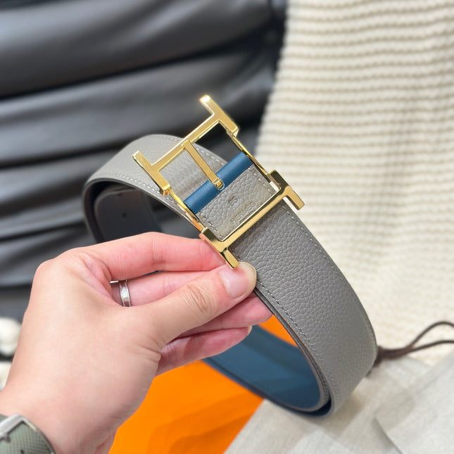 HM HADRIEN 38MM REVERSIBLE BELT GREY AND BLUE LEATHER GOLD BUCKLE