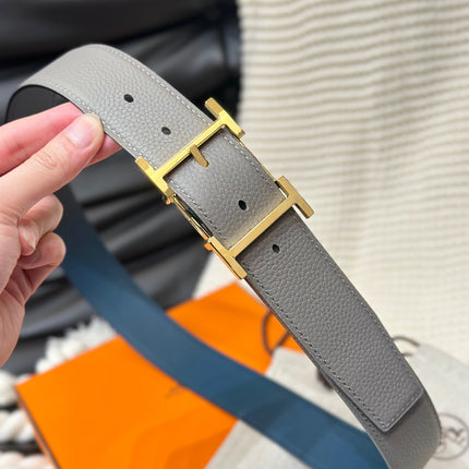 HM HADRIEN 38MM REVERSIBLE BELT GREY AND BLUE LEATHER GOLD BUCKLE