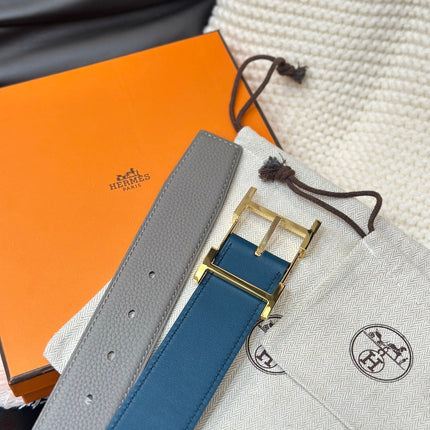 HM HADRIEN 38MM REVERSIBLE BELT GREY AND BLUE LEATHER GOLD BUCKLE