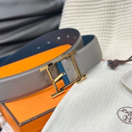 HM HADRIEN 38MM REVERSIBLE BELT GREY AND BLUE LEATHER GOLD BUCKLE