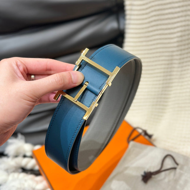 HM HADRIEN 38MM REVERSIBLE BELT GREY AND BLUE LEATHER GOLD BUCKLE