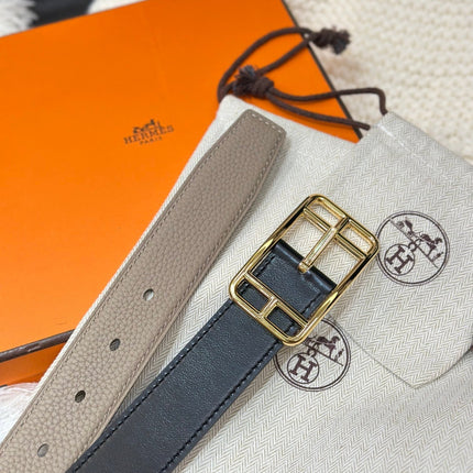 HM CAPE COD 32MM REVERSIBLE BELT BLACK AND TAN LEATHER GOLD BUCKLE