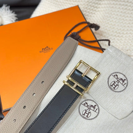 HM NATHAN 32MM REVERSIBLE BELT IN BLACK AND TAN LEATHER GOLD BUCKLE