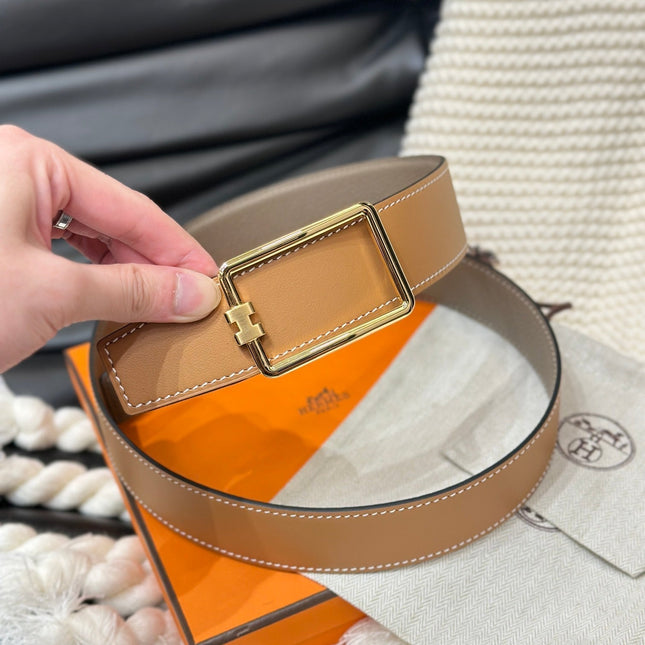 HM TUBE H BELT GOLD BUCKLE & REVERSIBLE HONEY ORANGE LEATHER STRAP 38MM