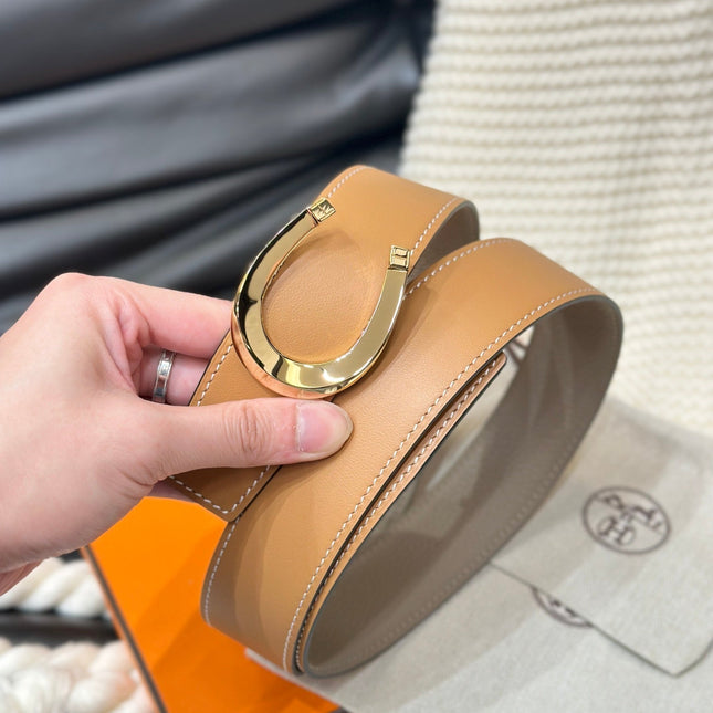 HM LUCK BELT GOLD BUCKLE & REVERSIBLE PEANUT BROWN LEATHER STRAP 38MM