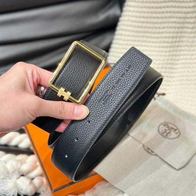 HM TUBE H BELT GOLD BUCKLE & REVERSIBLE BLACK LEATHER STRAP 38MM