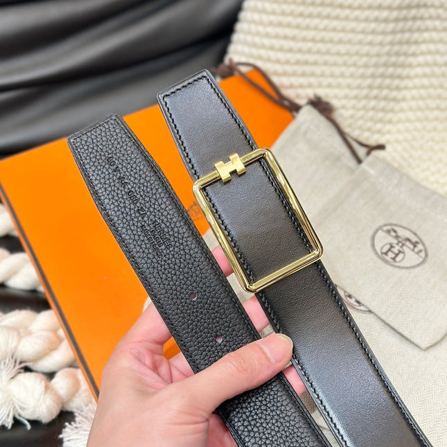 HM TUBE H BELT GOLD BUCKLE & REVERSIBLE BLACK LEATHER STRAP 38MM