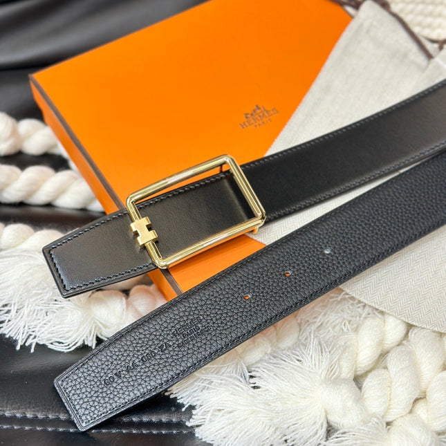 HM TUBE H BELT GOLD BUCKLE & REVERSIBLE BLACK LEATHER STRAP 38MM