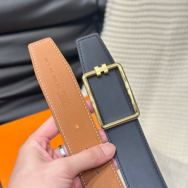 HM TUBE H BELT GOLD BUCKLE & REVERSIBLE GINGER ORANGE LEATHER STRAP 38MM