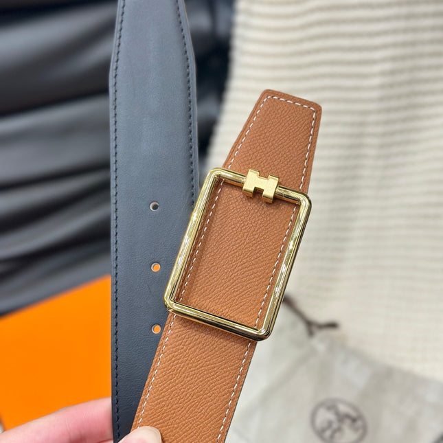 HM TUBE H BELT GOLD BUCKLE & REVERSIBLE GINGER ORANGE LEATHER STRAP 38MM