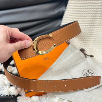 HM LUCK BELT GOLD BUCKLE & REVERSIBLE DARK ORANGE LEATHER STRAP 38MM