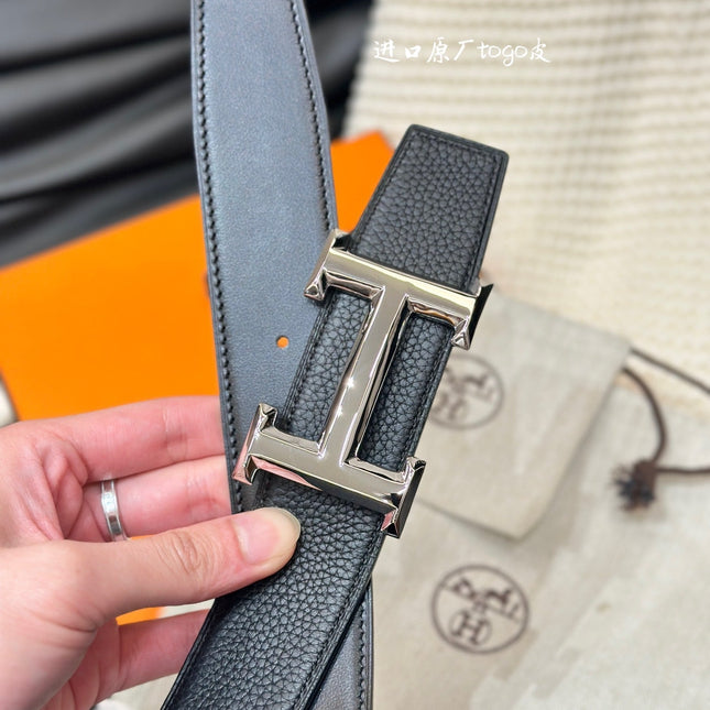 HM 5382 BELT SILVER BUCKLE & REVERSIBLE BLACK LEATHER STRAP 38MM