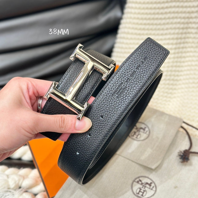 HM 5382 BELT SILVER BUCKLE & REVERSIBLE BLACK LEATHER STRAP 38MM