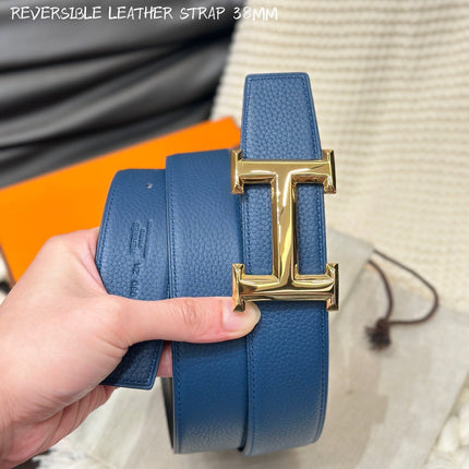 HM 5382 BELT GOLD BUCKLE & REVERSIBLE NAVY BLUE LEATHER STRAP 38MM
